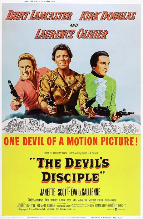Framed Print : THE DEVIL'D DISCIPLE, US poster, from left: Kirk Douglas, Burt Lancaster, Laurence Olivier, 1959