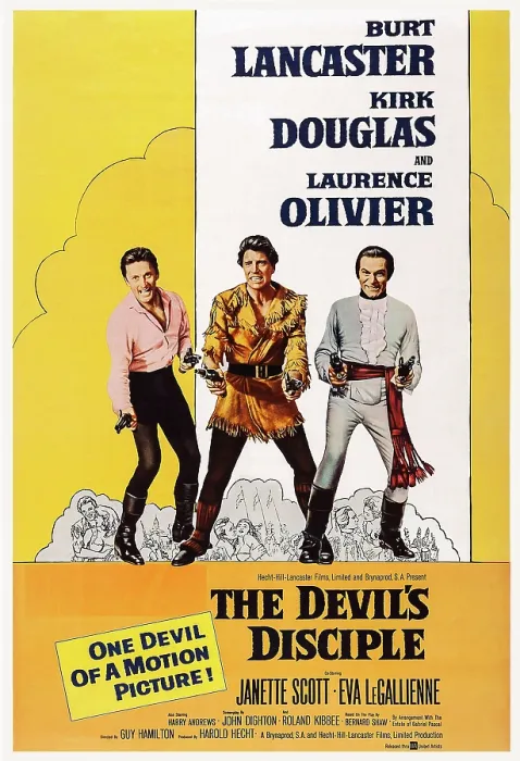 Framed Print : THE DEVIL'S DISCIPLE, US poster art, from left: Kirk Douglas, Burt Lancaster, Laurence Olivier, 1959