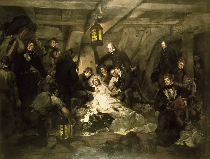 Framed Print : DEVIS, Arthur (1708-1787). The Death of Nelson, 21 October 1805. 1807. Episode from the Battle of Trafalgar carried out in the cockpit of Victory (English warship). Oil on canvas