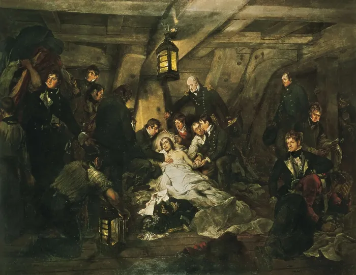 Framed Print : DEVIS, Arthur (1708-1787). The Death of Nelson, 21 October 1805. 1807. Episode from the Battle of Trafalgar carried out in the cockpit of Victory (English warship). Oil on canvas Framed Print : DEVIS, Arthur (1708-1787). The Death of Nelson, 21 October 1805. 1807. Episode from the Battle of Trafalgar carried out in the cockpit of Victory (English warship). Oil on canvas