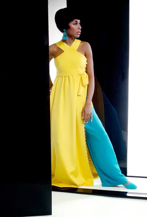 Framed Print : Diahann Carroll, wearing a yellow silk gown and turquoise pants from Donald Brooks Summer 1967 collection, 1967 Framed Print : Diahann Carroll, wearing a yellow silk gown and turquoise pants from Donald Brooks Summer 1967 collection, 1967