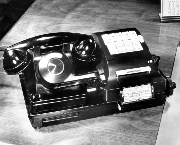 Framed Print : The dialphone, invented and manufactured by James Kilburg, the first electrically operated speed dial telephone, 1951.. Courtesy: CSU Archives  /  Everett Collection