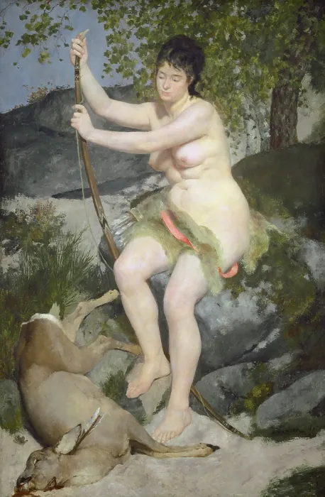 Framed Print : Diana, by Auguste Renoir, 1867, French painting, oil on canvas. The Salon jury rejected this painting of Renoir's mistress, Lise Trehot, as the mythical huntress Diana