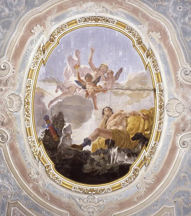 Framed Print : Diana and Endymion, by Francesco Fontebasso, 18th Century, fresco - Italy, Veneto, Venice, Bold Palace. Whole artwork view. Endymion with four dogs and a quiver on a rock