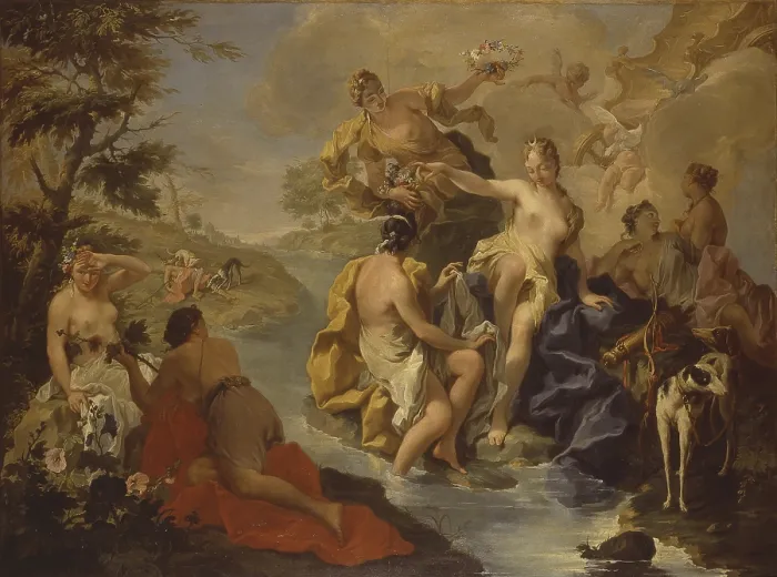 Framed Print : Diana and the nymphs, Actaeon devoured by dogs, by Giambattista Pittoni, 1725, 18th century, oil on canvas. - Italy, Veneto, Vicenza, Pinacoteca Civica Chiericati Palace