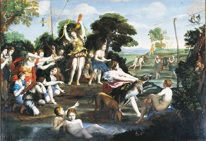 Framed Print : Diana and her Nymphs, by Domenico Zampieri known as il Domenichino, 1616 - 1617, 17th Century, oil on canvas, cm 225 x 320 - Italy, Lazio, Rome, Borghese Gallery. All Framed Print : Diana and her Nymphs, by Domenico Zampieri known as il Domenichino, 1616 - 1617, 17th Century, oil on canvas, cm 225 x 320 - Italy, Lazio, Rome, Borghese Gallery. All