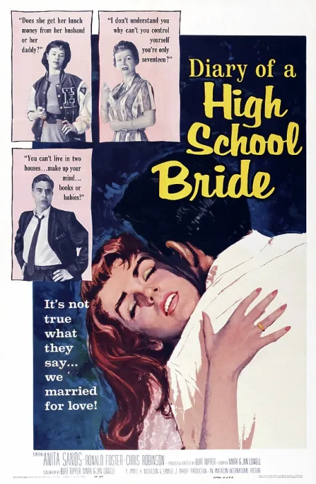 Framed Print : DIARY OF A HIGH SCHOOL BRIDE, US poster, center: Anita Sands, Ron Foster, top left clockwise: Wendy Wilde, Louise Arthur, Barney Biro, 1959