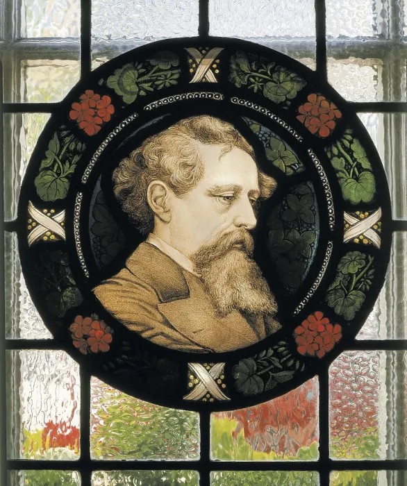 Framed Print : DICKENS, Charles (1812-1870). Portrait in a tondo (round frame) that decorates Dickens house. Glass window. UNITED KINGDOM. London. Charles Dickens House
