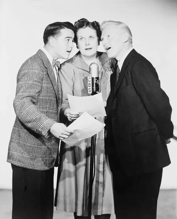 Framed Print : Dickie Jones (b.1927) at left, and other voice actors on the C.B.S. radio show THE ALDRITCH FAMILY (1938-1953), a popular radio situation comedy (1939-1953)