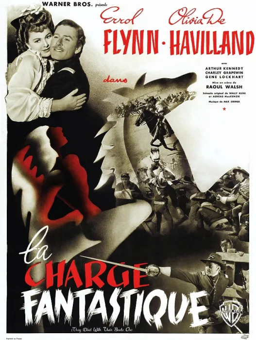 Framed Print : THEY DIED WITH THEIR BOOTS ON, (aka LA CHARGE FANTASTIQUE), l-r: Olivia de Havilland, Errol Flynn on French poster art, 1941 Framed Print : THEY DIED WITH THEIR BOOTS ON, (aka LA CHARGE FANTASTIQUE), l-r: Olivia de Havilland, Errol Flynn on French poster art, 1941