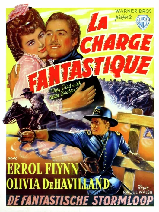 Framed Print : THEY DIED WITH THEIR BOOTS ON, (aka LA CHARGE FANTASTIQUE), Olivia DeHavilland, Errol Flynn, (Belgian poster art), 1941