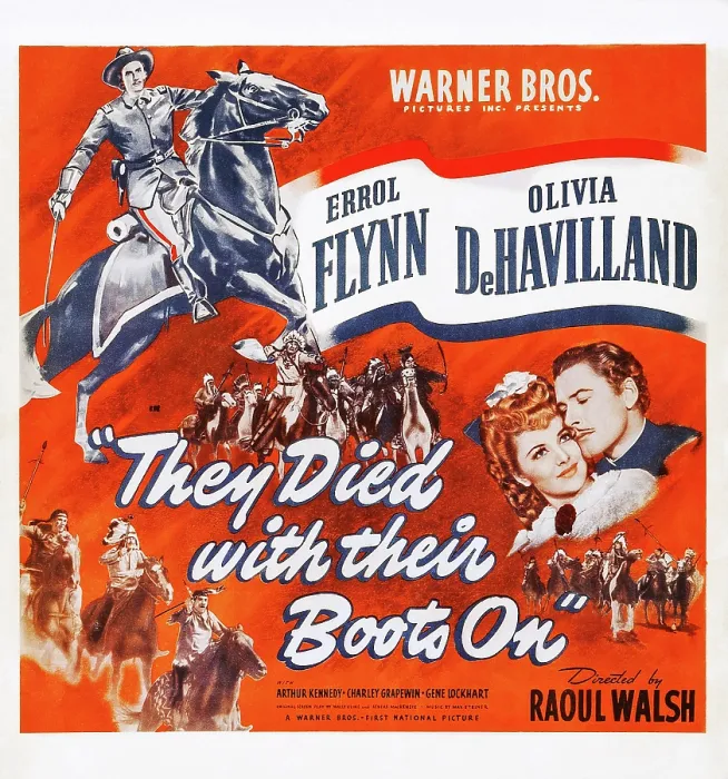 Framed Print : THEY DIED WITH THEIR BOOTS ON, US poster art, bottom right: Olivia de Havilland, Errol Flynn, 1941 Framed Print : THEY DIED WITH THEIR BOOTS ON, US poster art, bottom right: Olivia de Havilland, Errol Flynn, 1941