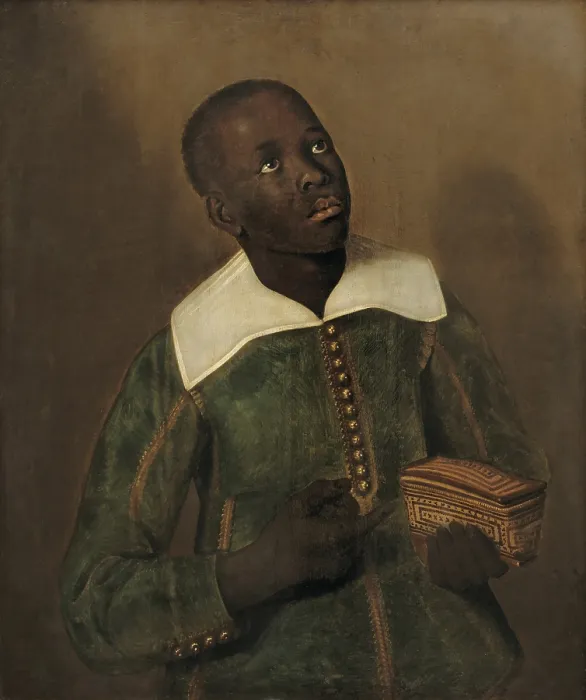 Framed Print : Diego Bemba, Servant of Dom Miguel de Castro, holding a decorated box, 1641-1645, by Jaspar Beckx. Dutch painting, oil on panel