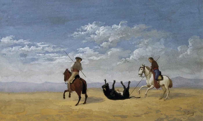 Framed Print : DIEZJoaqun (1840). Derribo de la ganadera de Miura. 1864. Painting. AISA / Everett Collection (4211)**US SALES ONLY**