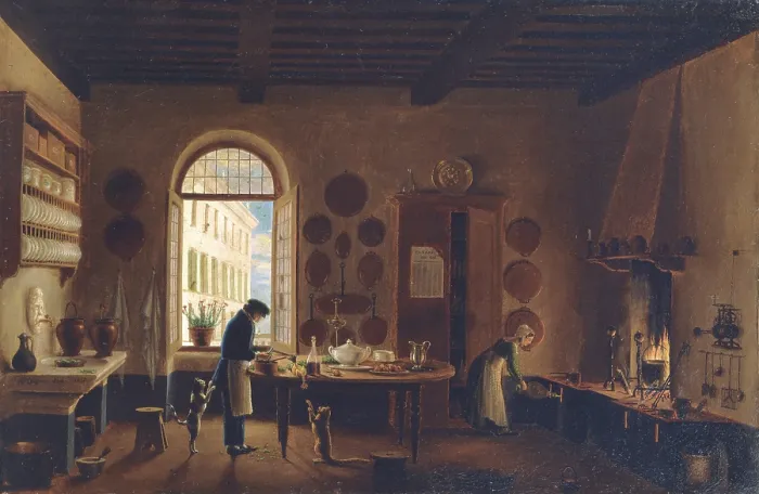 Framed Print : Digerini Antonio, The Kitchen of Palazzo Mozzi, 1825, 19th Century, oil on canvas, Italy, Lazio, Rome