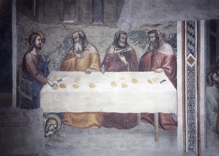 Framed Print : Dinner at Simon House, by Master of Giovanni Barrile, 1350, 14th Century, fresco - Italy, Campania, Naples, Church of Saint Pietro a Majella. Detail