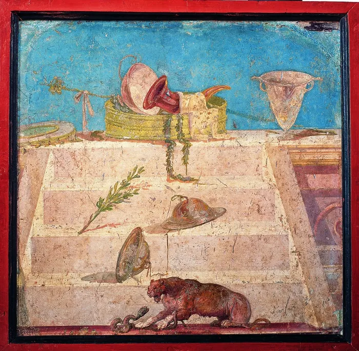 Framed Print : Dionysus Symbols, by unknown artist, ripped fresco, 46 x 46 cm - Italy, Campania, Naples, National Archaeological Museum, Room LXVI, inv. 8795. Whole artwork view