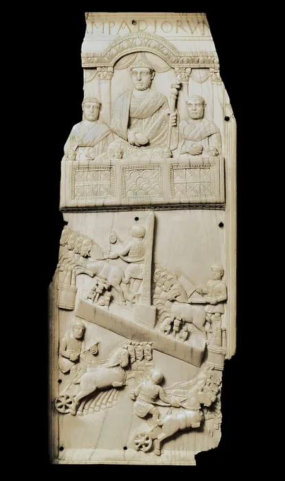Framed Print : Diptych depicting a chariot race. 5th c. Paleo-christian art. Sculpture on ivory. ITALY. Brescia. Christian Civic Museum. Proc: TUNISIA. AISA / Everett Collection**US SALES ONLY**