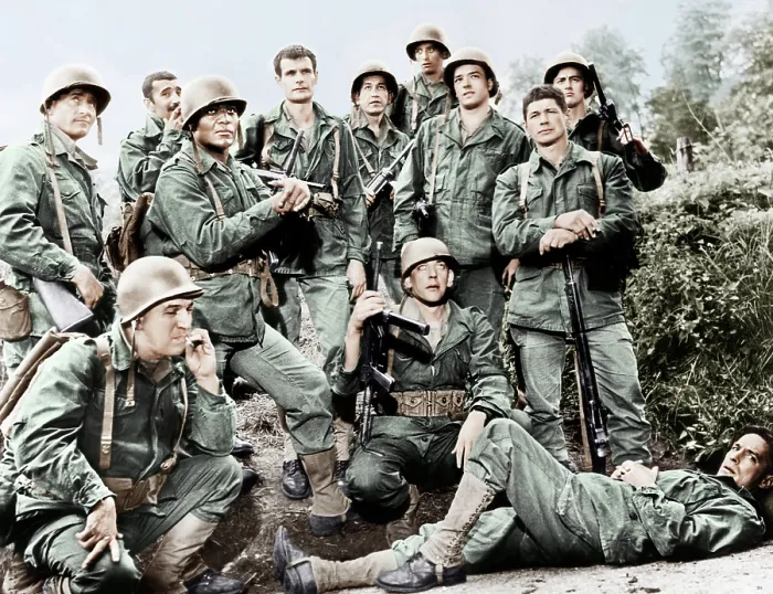 Framed Print : THE DIRTY DOZEN, crouching and seated from front left: Telly Savalas, Donald Sutherland, John Cassavetes; standing from left: Clint Walker, Al Mancini, Jim Brown, Stuart Cooper