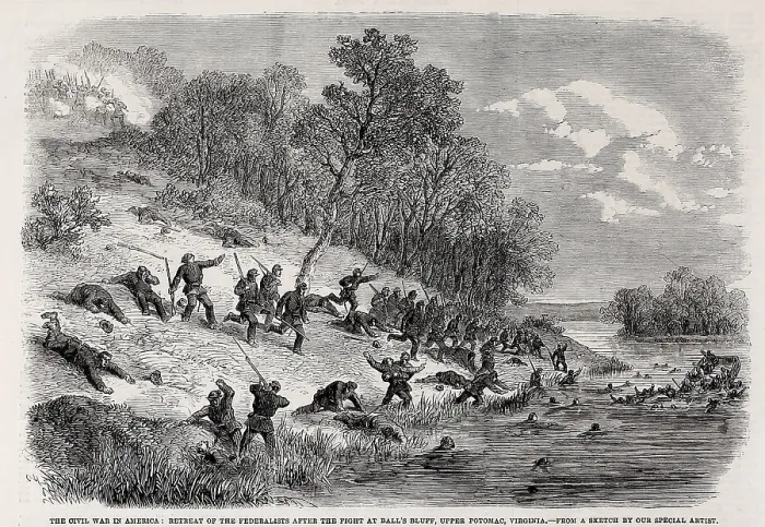 Framed Print : Disastrous retreat of the Union soldiers after the fight at Ball's Bluff, upper Potomac, Virginia, October 21, 1861 Framed Print : Disastrous retreat of the Union soldiers after the fight at Ball's Bluff, upper Potomac, Virginia, October 21, 1861
