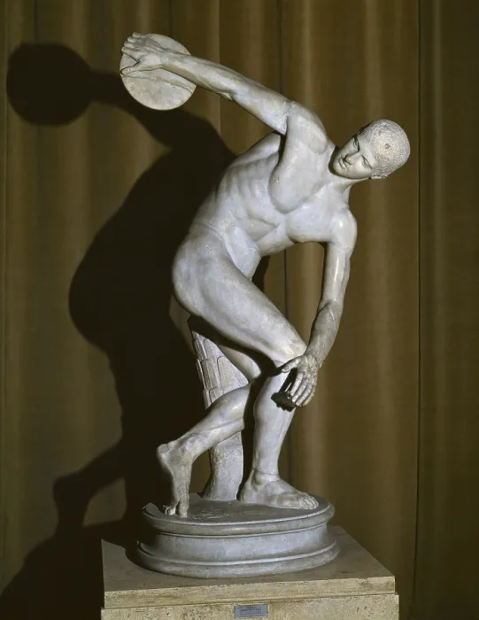 Framed Print : Discobolo Lancellotti. ca. 460 - 450 BC. Replica of Myron's Discobolus. Roman copy. Classical Greek art. Sculpture on marble. ITALY. Rome. National Roman Museum