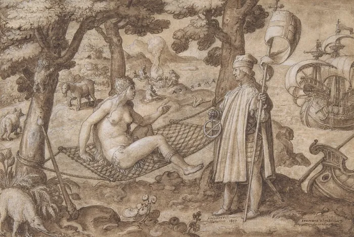 Framed Print : DISCOVERY OF AMERICA: VESPUCCI LANDING IN AMERICA, by Jan van der Straet, called Stradanus, ca. 1587-89