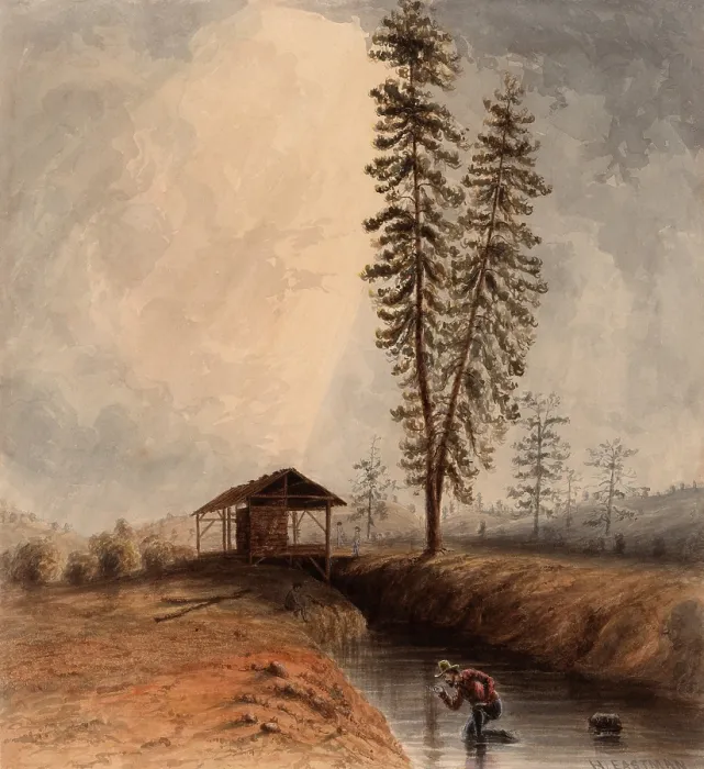 Framed Print : DISCOVERY OF GOLD IN A TRENCH, SACRAMENTO RIVER, CALIFORNIA, 1852, by Harrison Eastman. A miner pans for gold in a stream near a mill (BSLOC_2020_1_29)