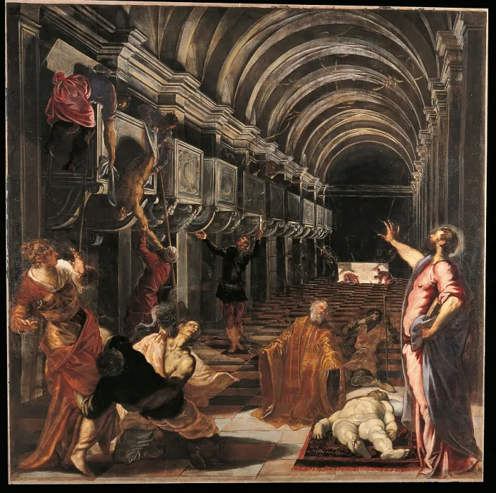 Framed Print : The Discovery of St Marks Body, by Jacopo Robusti known as Tintoretto, 1562 - 1566, 16th Century, oil on canvas, cm 405 x 405 - Italy, Lombardy, Milan, Brera Art Gallery. All