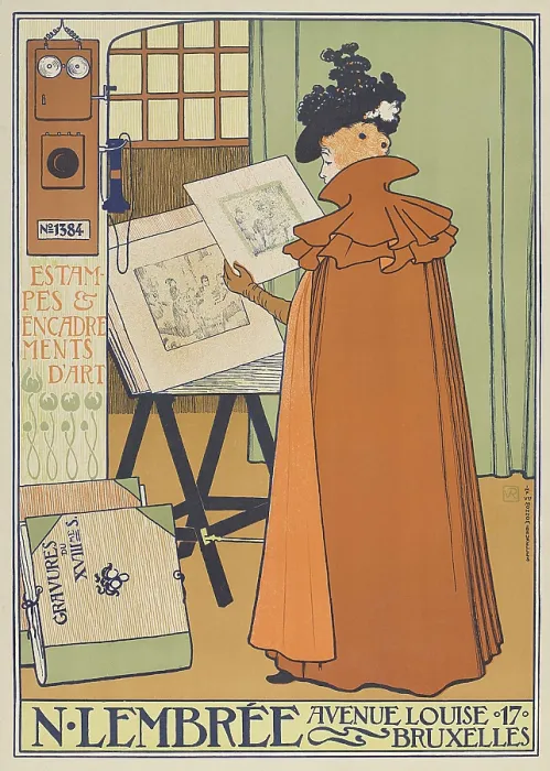 Framed Print : Displays of N. Lembre Prints and Art Frames, by Theo Van Rysselberghe, 1897. Poster for store with woman in long cloak viewing an art print (BSLOC_2016_2_145)