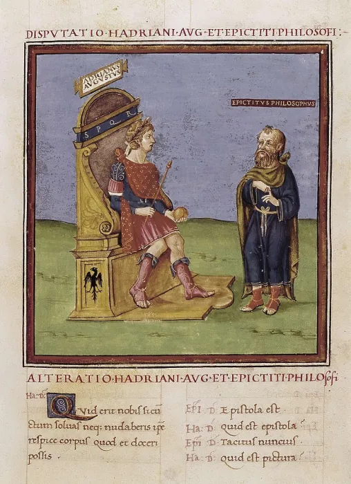 Framed Print : Dispute between the Emperor Adrian and Epictetus. s.XV. Illustration of an edition of the work 'Alteratio Hadriani Aug. et Epicteti Philosofi' (14th c.). Gothic art