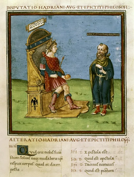 Framed Print : Dispute between the Emperor Adrian and Epictetus. s.XV. Illustration of an edition of the work 'Alteratio Hadriani Aug. et Epicteti Philosofi' (14th c.). Gothic art