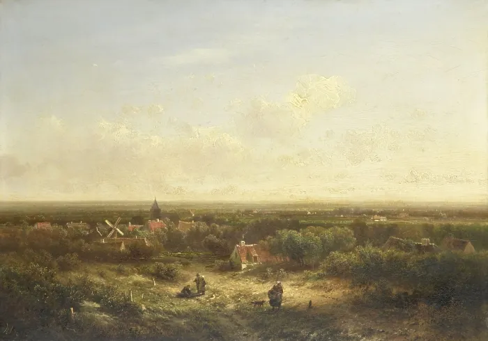 Framed Print : Distant View with a Village, by Pieter Lodewijk Francisco Kluyver, 1840-1900, Dutch oil painting on panel. View of a village in a flat land, with figures in the foreground