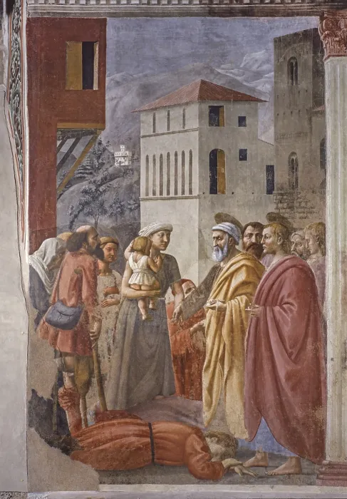Framed Print : Distribution of Alms and Death of Ananias (Distribuzione delle elemosine e morte di Anania), by Masaccio, 1425-1428, 15th Century, fresco, 230 x 170 cm - Italy, Tuscany, Florence