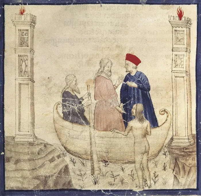 Framed Print : The Divine Comedy. s.XIV. Dante and Virgil at Charon's boat. Gothic art. Miniature Painting. ITALY. Venice. Biblioteca nazionale marciana (St. Mark's Library)