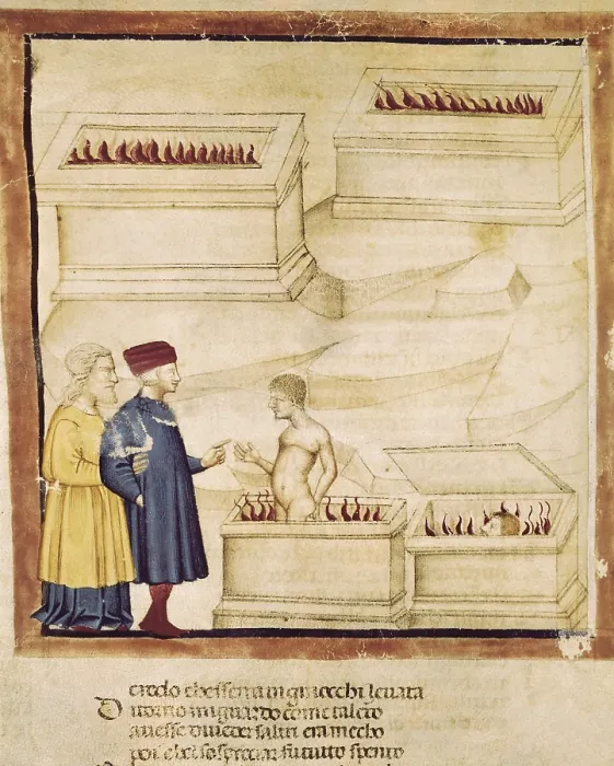 Framed Print : The Divine Comedy. s.XIV. Dante and Virgil with Count Ugolino. Representation of the Inferno. Gothic art. Miniature Painting. ITALY. Venice. Biblioteca nazionale marciana (St)