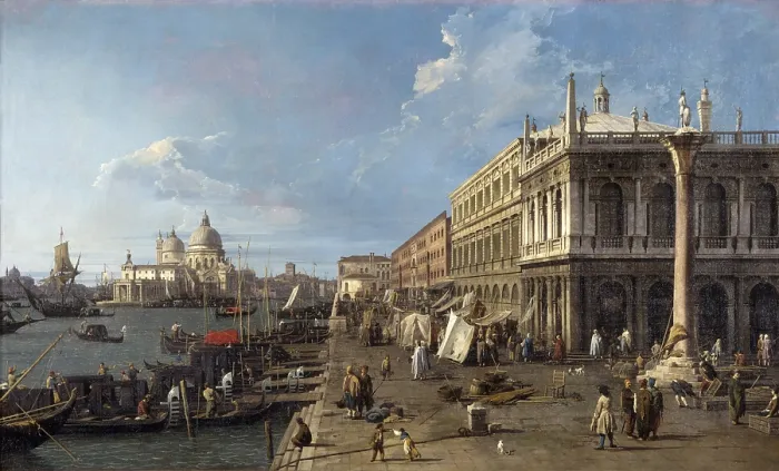 Framed Print : Dock facing the Zecca with the Coloumn of Saint Teodoro, by Giovanni Antonio Canal also known as il Canaletto, 1735, 18th Century, oil on canvas - Italy, Lombardy, Milan