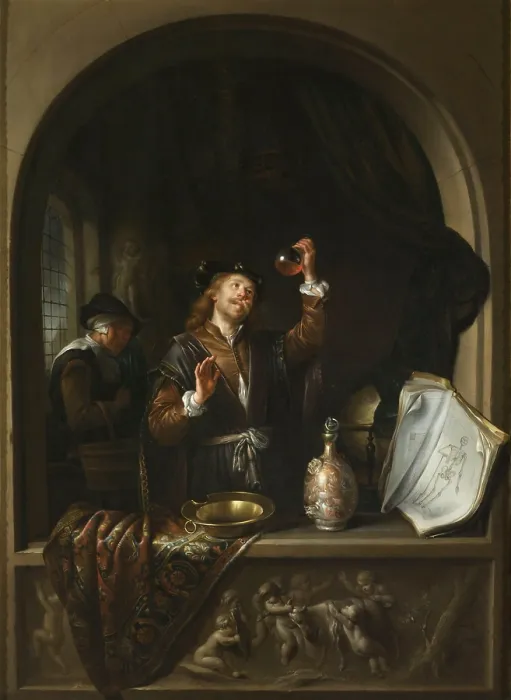 Framed Print : The Doctor, by Jan van Staveren after Gerrit Dou, 1650-69, Dutch painting, oil on copper. Doctor holding a bottle against light to examine a patient's urine