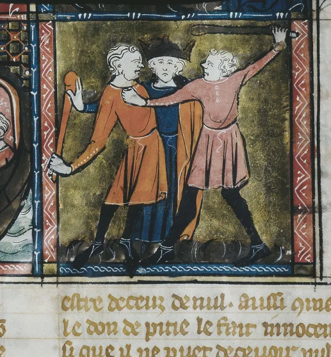 Framed Print : Doctrine chretinne (13th. c). Fol. 64: Representation of Equity: Moses separates two men persons who were fighting. Gothic art. Miniature Painting. SPAIN. Valencia