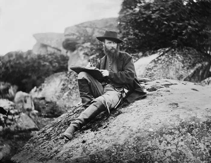 Framed Print : Documentary artist, Alfred Waud, drawing in Devils Den after the Battle of Gettysburg Framed Print : Documentary artist, Alfred Waud, drawing in Devils Den after the Battle of Gettysburg