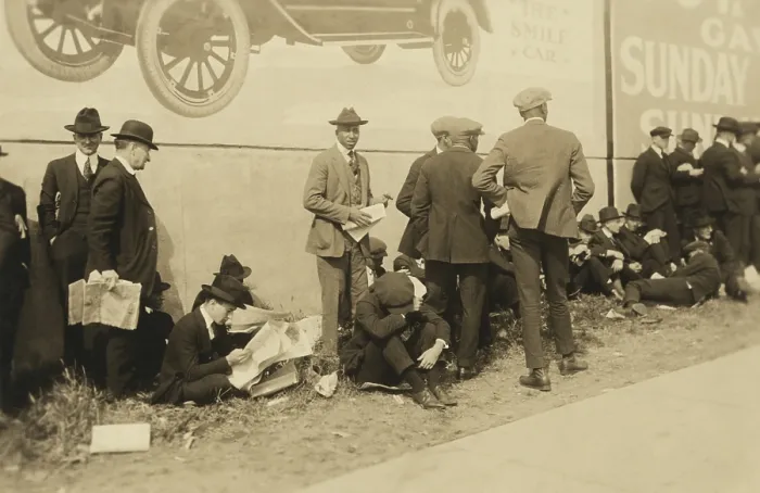 Framed Print : Dodgers baseball fans wait in line at Ebbets Field before a World Series game, Oct. 6, 1920. The Cleveland Indians beat the Brooklyn Dodgers in seven games. (BSLOC_2015_17_3)