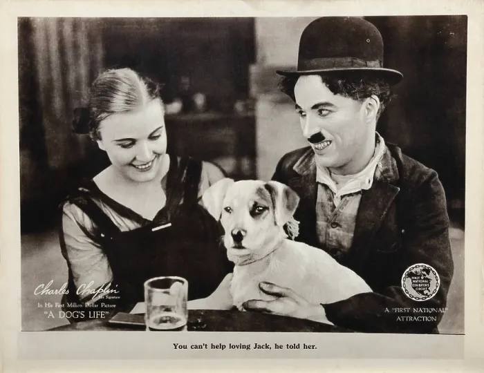 Framed Print : A DOG'S LIFE, US lobbycard, from left: Edna Purviance, Mut the Dog, Charles Chaplin (aka Charlie Chaplin), 1918