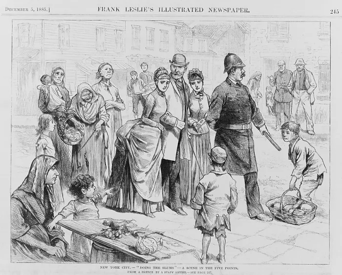 Framed Print : DOING THE SLUMS. A policeman leading three well dressed upper class people through the Five Points neighborhood of New York City. 1885 wood engraving Framed Print : DOING THE SLUMS. A policeman leading three well dressed upper class people through the Five Points neighborhood of New York City. 1885 wood engraving