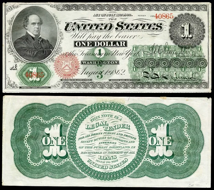 Framed Print : One Dollar Greenback, with engraving of Secretary of the Treasury, Salmon Chase