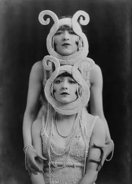 Framed Print : The Dolly Sisters, a tandem dance team famous in the 1910s and 1920s, wearing costumes made of pearls