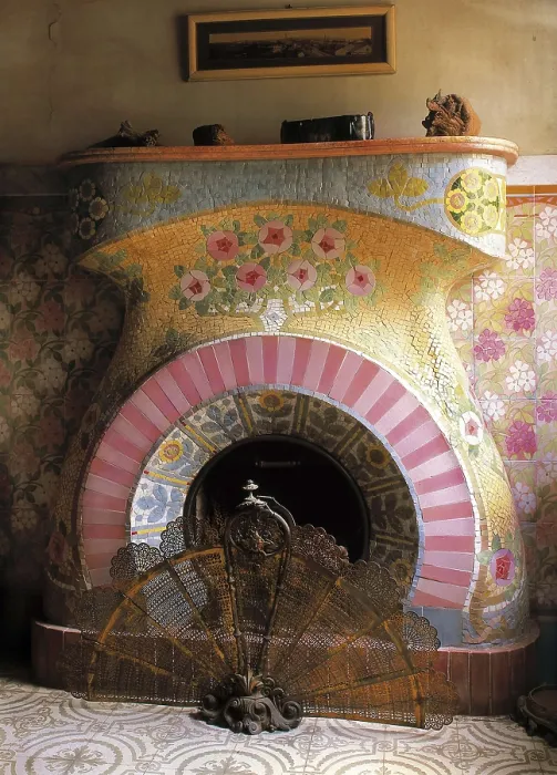 Framed Print : DOMENECH I MONTANER, Lluis (1850-1923). Navs House. 1901-1907. SPAIN. Reus. Navs House. Chimney from the music room, decorated with floral motifs ceramic. Modernism. Architecture