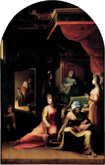 Framed Print : Domenico di Giacomo di Pace known as Beccafumi Domenico, Birth of the Virgin Mary, 1530, 16th Century, oil on panel, Italy, Tuscany, Siena