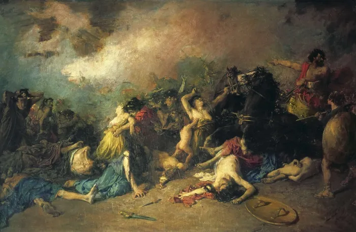 Framed Print : DOMINGO MARQUES, Francisco (1842-1920). Last days of Sagunt. 1869. Second Punic War (218-201 BC). Oil on canvas. SPAIN. Valencia. Generalitat Palace
