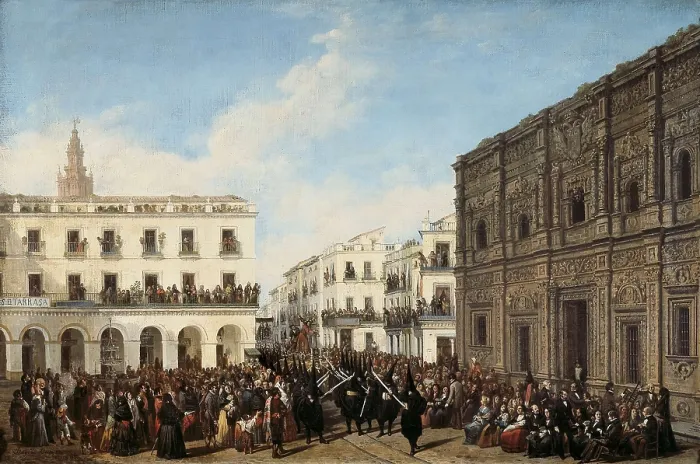Framed Print : DOMINGUEZ BECQUER, Joaqun (1818-1879). Procession of the Brotherhood of the Passion at Saint Francis Square. 1853. Scene of the Holy Week in Sevilla. Romanticism. Oil on canvas