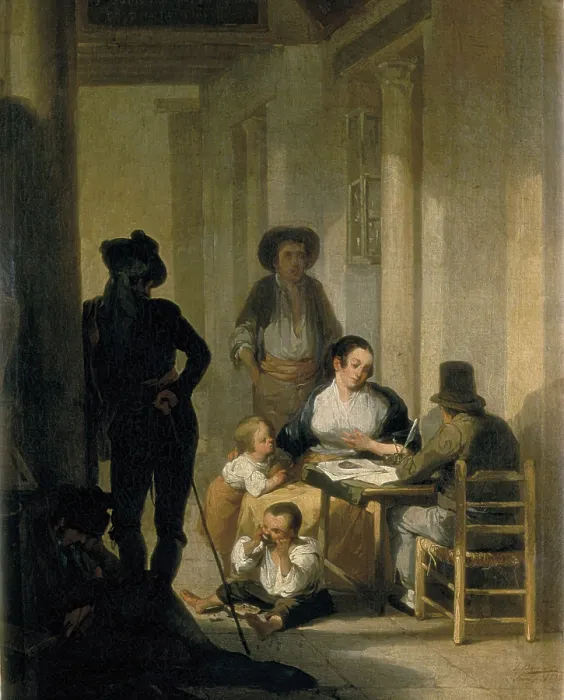 Framed Print : DOMINGUEZ BECQUER, Jose (1805-1841). The Scribe in the Portal. Costumbrism. Oil on canvas. Private Collection. - CAGP / Iberfoto / Everett Collection (261800)**US SALES ONLY**