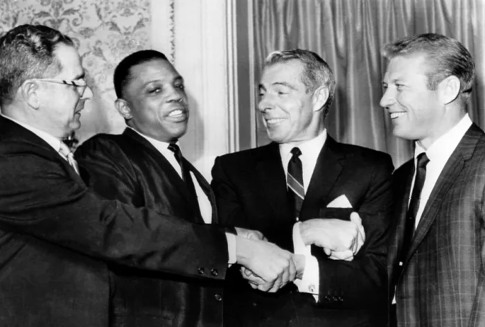 Framed Print : Dominic DiMaggio, Willie Mays, Joe DiMaggio and Mickey Mantle celebrate Joe's 50th birthday, San Francisco, 1964. Courtesy: CSU Archives / Everett Collection
